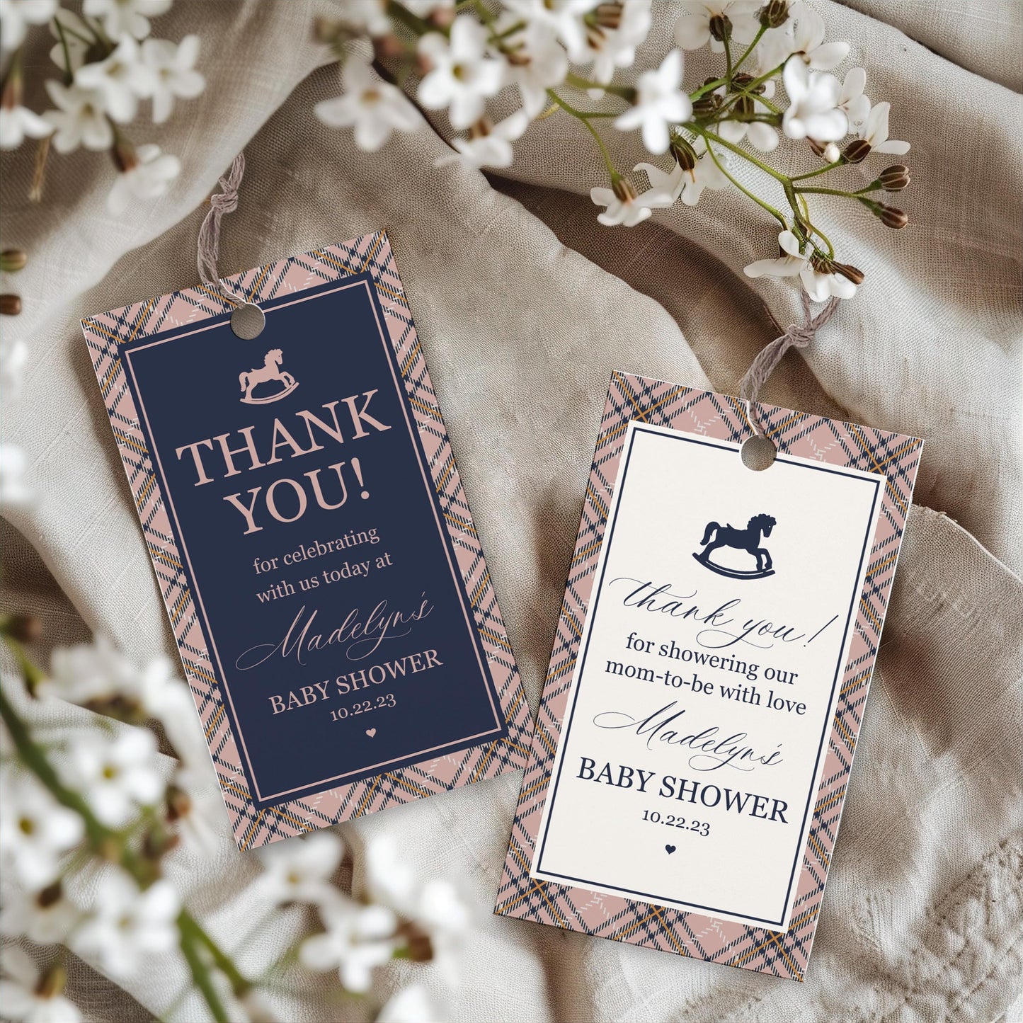 Classic Rocking Horse Baby Shower Favor Tags Template, Pink Tartan Plaid Baby Sprinkle, Old Money Style Brunch with Mom to Be WP1088