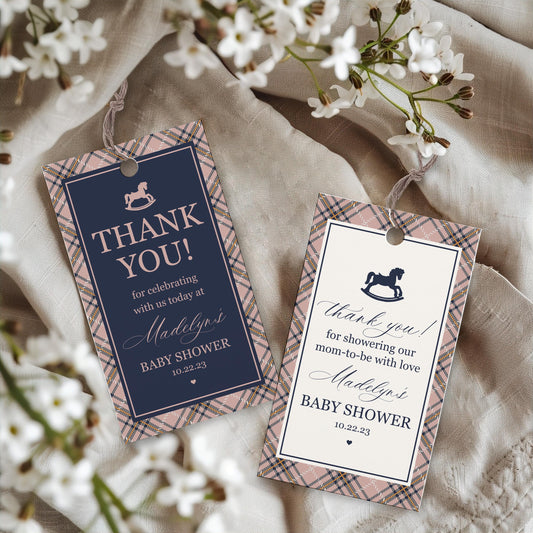 Classic Rocking Horse Baby Shower Favor Tags Template, Pink Tartan Plaid Baby Sprinkle, Old Money Style Brunch with Mom to Be WP1088