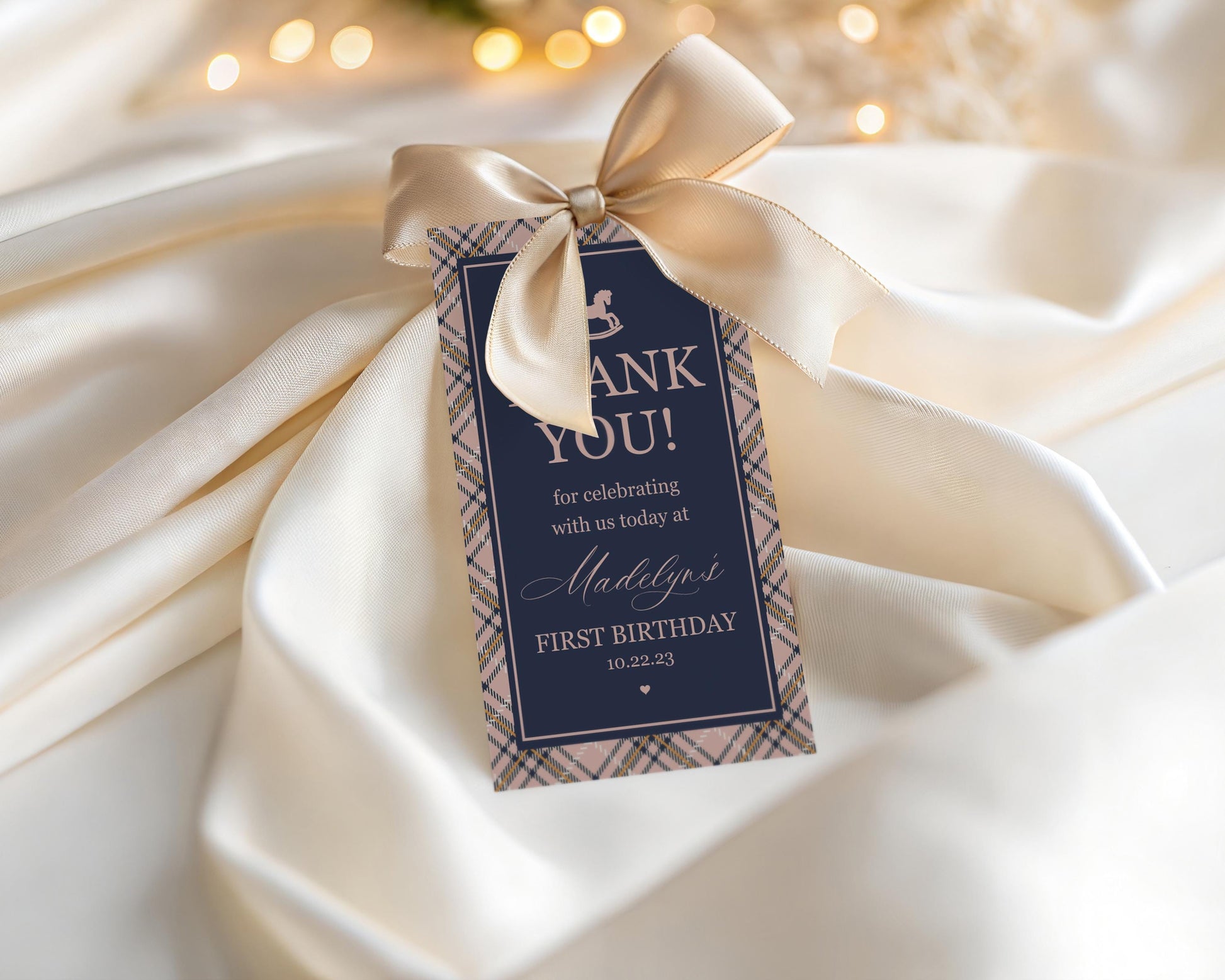 Classic Rocking Horse Birthday Party Favor Tags Template, Pink Tartan Plaid First Birthday Party, Old Money Timeless Bday Celebration WP1088