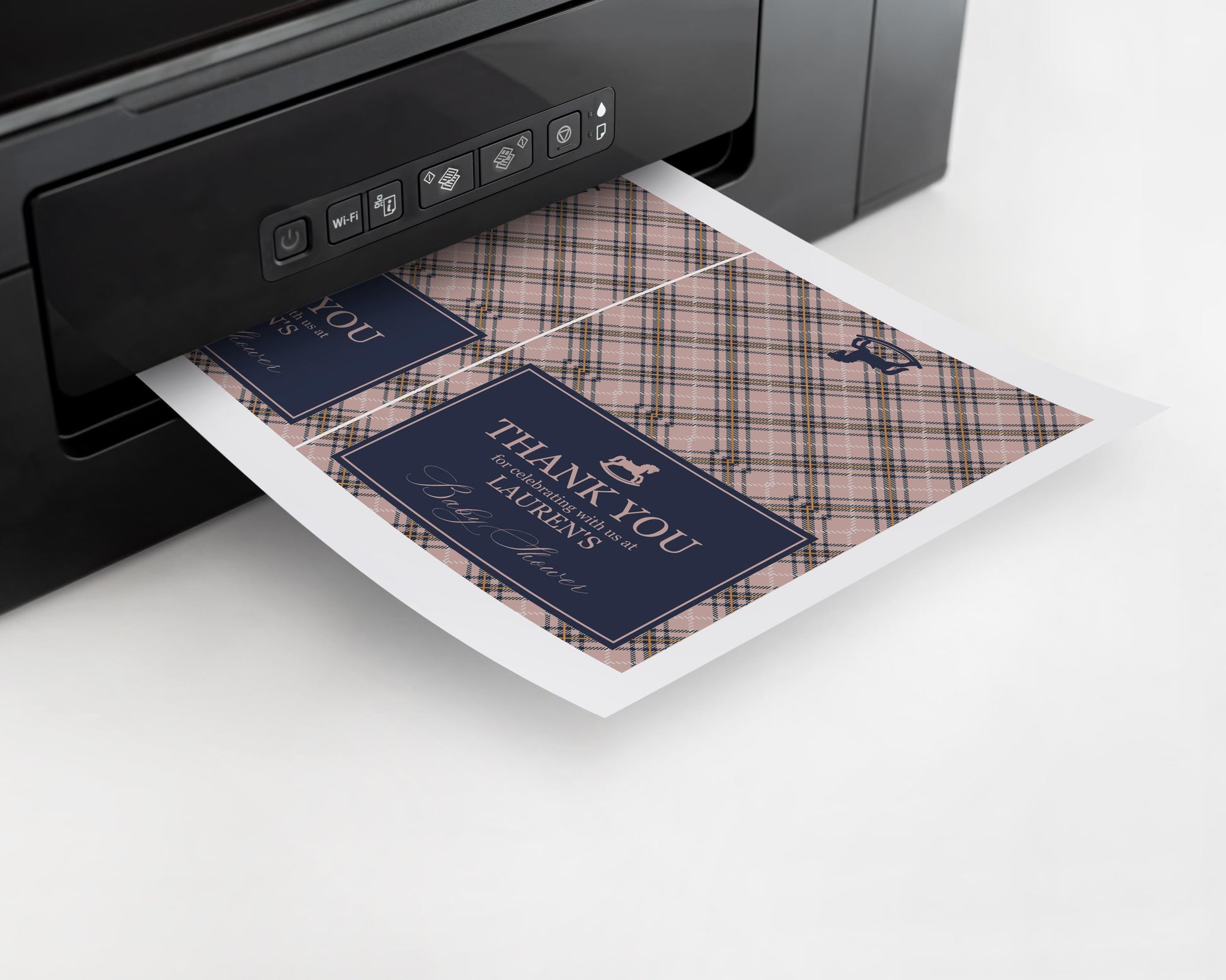 Classic Rocking Horse Thank You Card Template, Pink Tartan Plaid Baby Shower, Old Money Timeless First Birthday Party WP1088