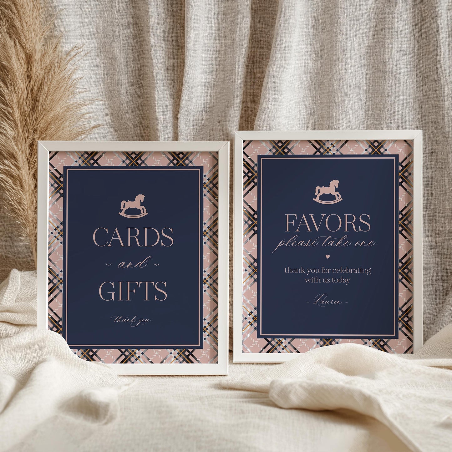 Classic Rocking Horse Cards & Gifts and Favors Sign Template, Pink Tartan Plaid Baby Shower, Old Money Timeless First Birthday Party WP1088