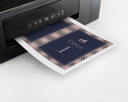 Classic Rocking Horse Table Number Cards Template, Pink Tartan Plaid Baby Shower, Old Money Timeless First Birthday Party WP1088