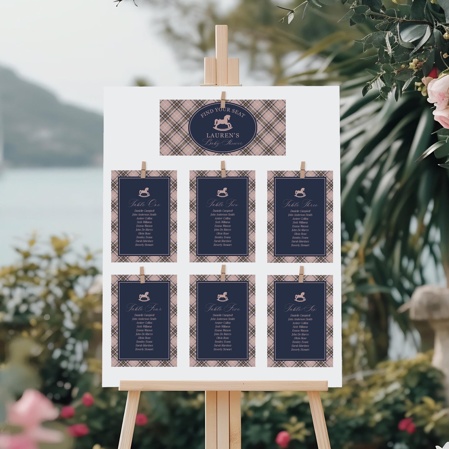 Classic Rocking Horse Seating Chart Cards Template, Pink Tartan Plaid Baby Shower, Old Money Timeless First Birthday Party WP1088