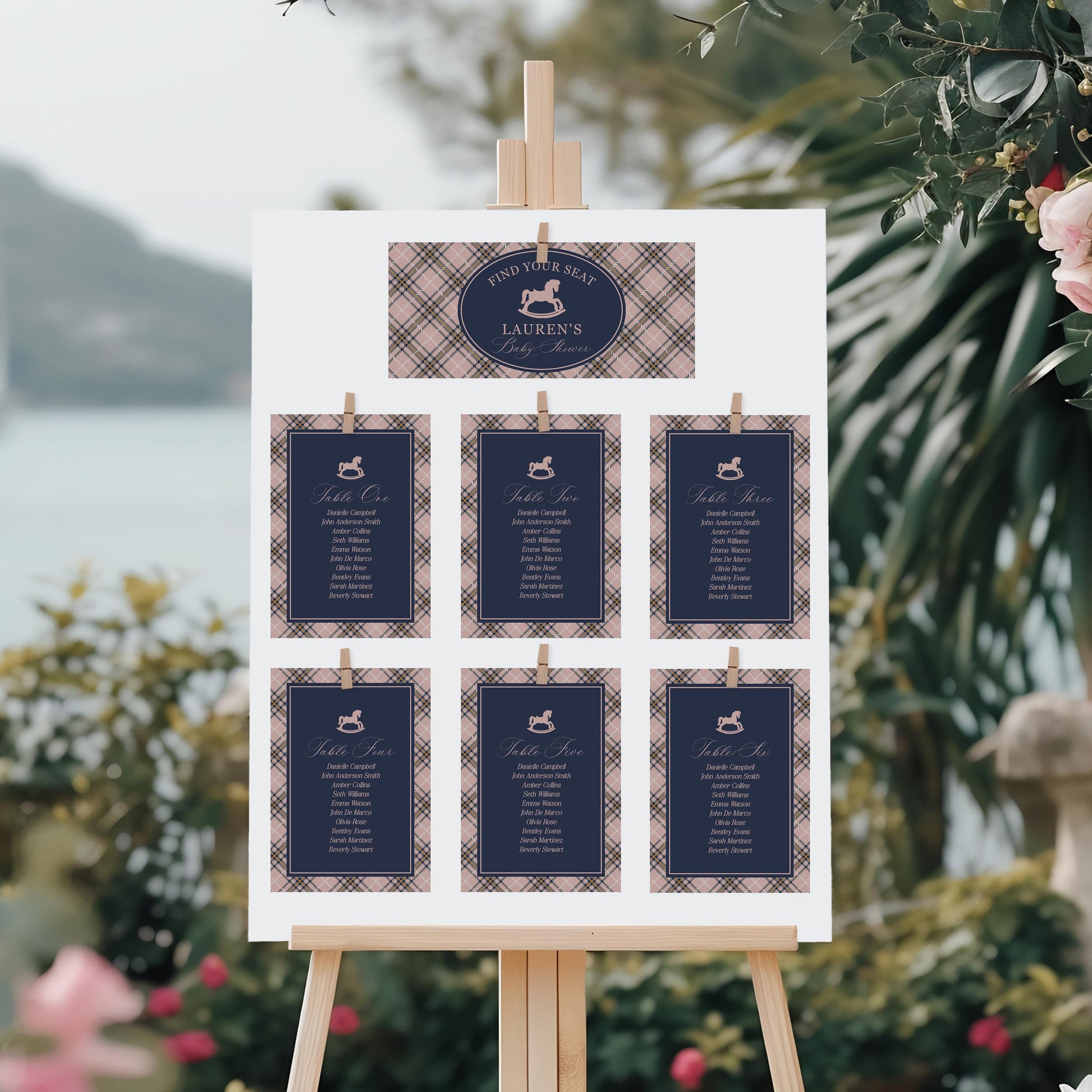 Classic Rocking Horse Seating Chart Cards Template, Pink Tartan Plaid Baby Shower, Old Money Timeless First Birthday Party WP1088