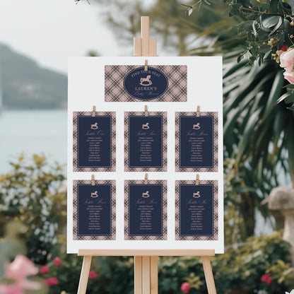 Classic Rocking Horse Seating Chart Poster Template, Pink Tartan Plaid Baby Shower, Old Money Timeless First Birthday Party WP1088
