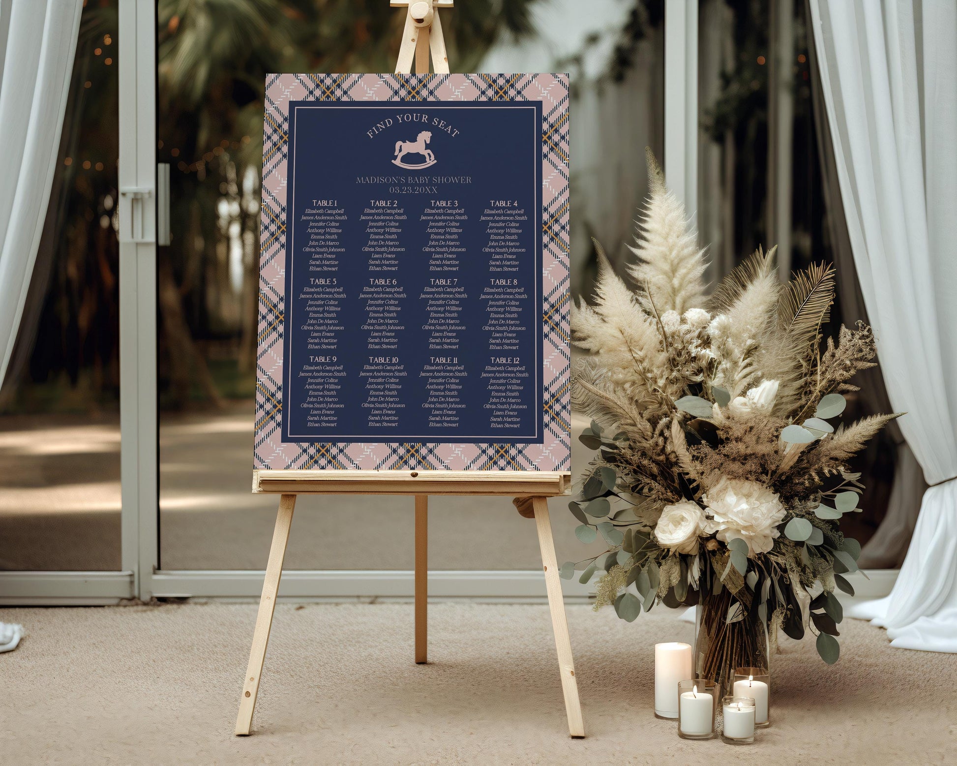 Classic Rocking Horse Seating Chart Cards Template, Pink Tartan Plaid Baby Shower, Old Money Timeless First Birthday Party WP1088