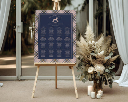 Classic Rocking Horse Seating Chart Cards Template, Pink Tartan Plaid Baby Shower, Old Money Timeless First Birthday Party WP1088