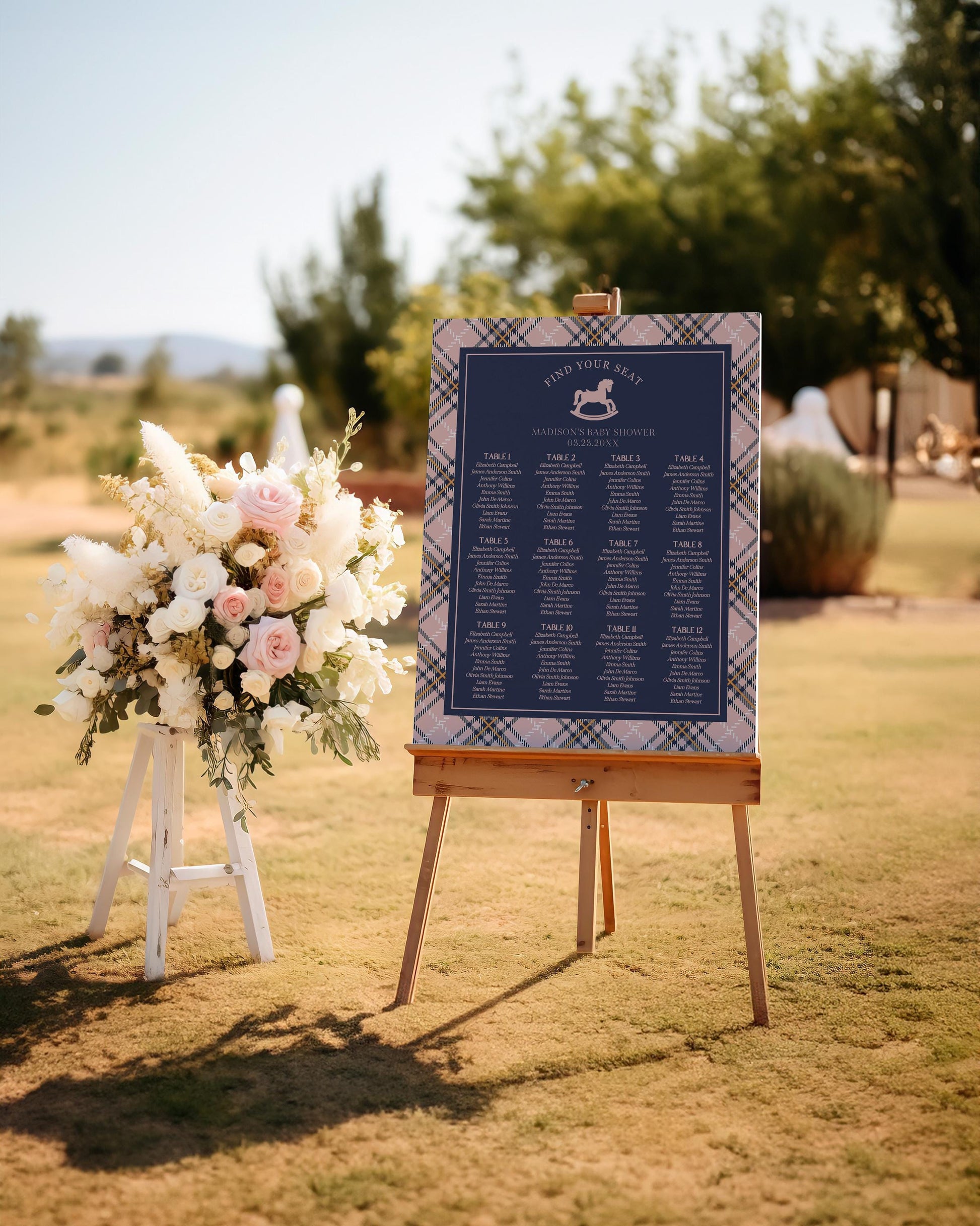 Classic Rocking Horse Seating Chart Poster Template, Pink Tartan Plaid Baby Shower, Old Money Timeless First Birthday Party WP1088