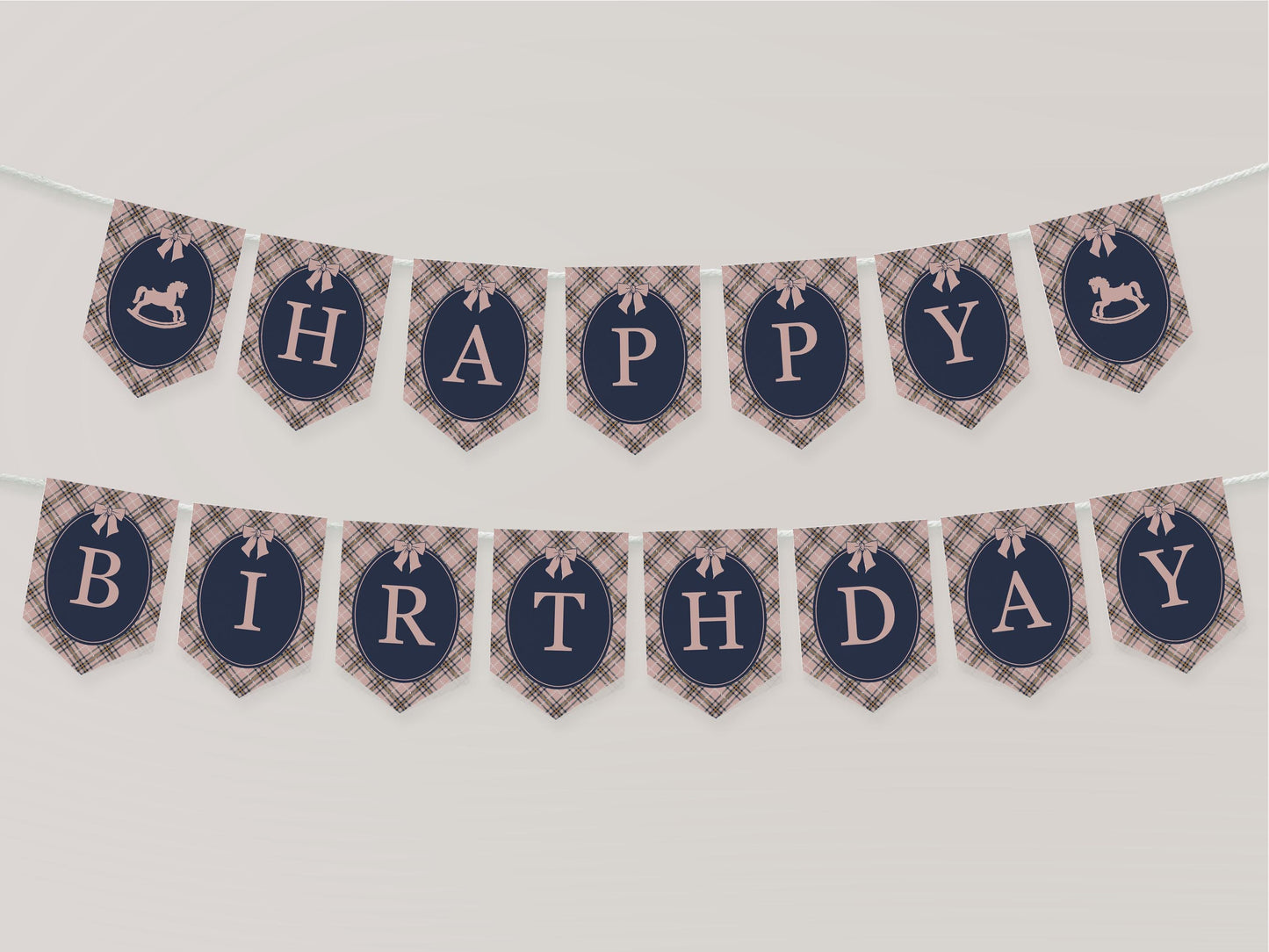 Classic Rocking Horse Birthday Banner Template, Pink Tartan Plaid First Birthday Party, Old Money Timeless Bday Celebration WP1088