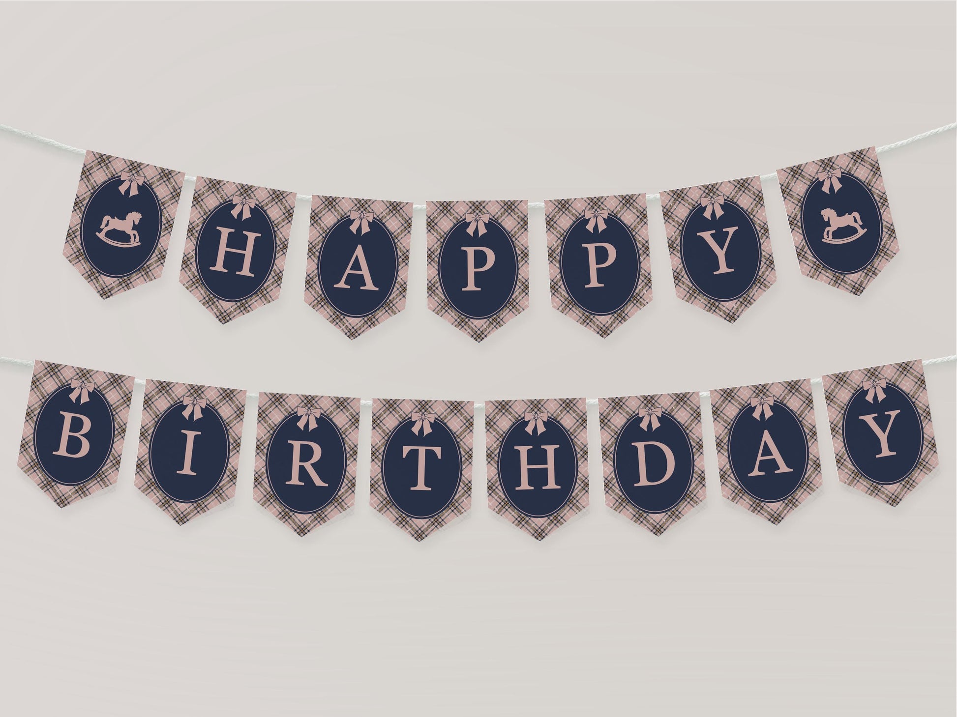 Classic Rocking Horse Birthday Banner Template, Pink Tartan Plaid First Birthday Party, Old Money Timeless Bday Celebration WP1088