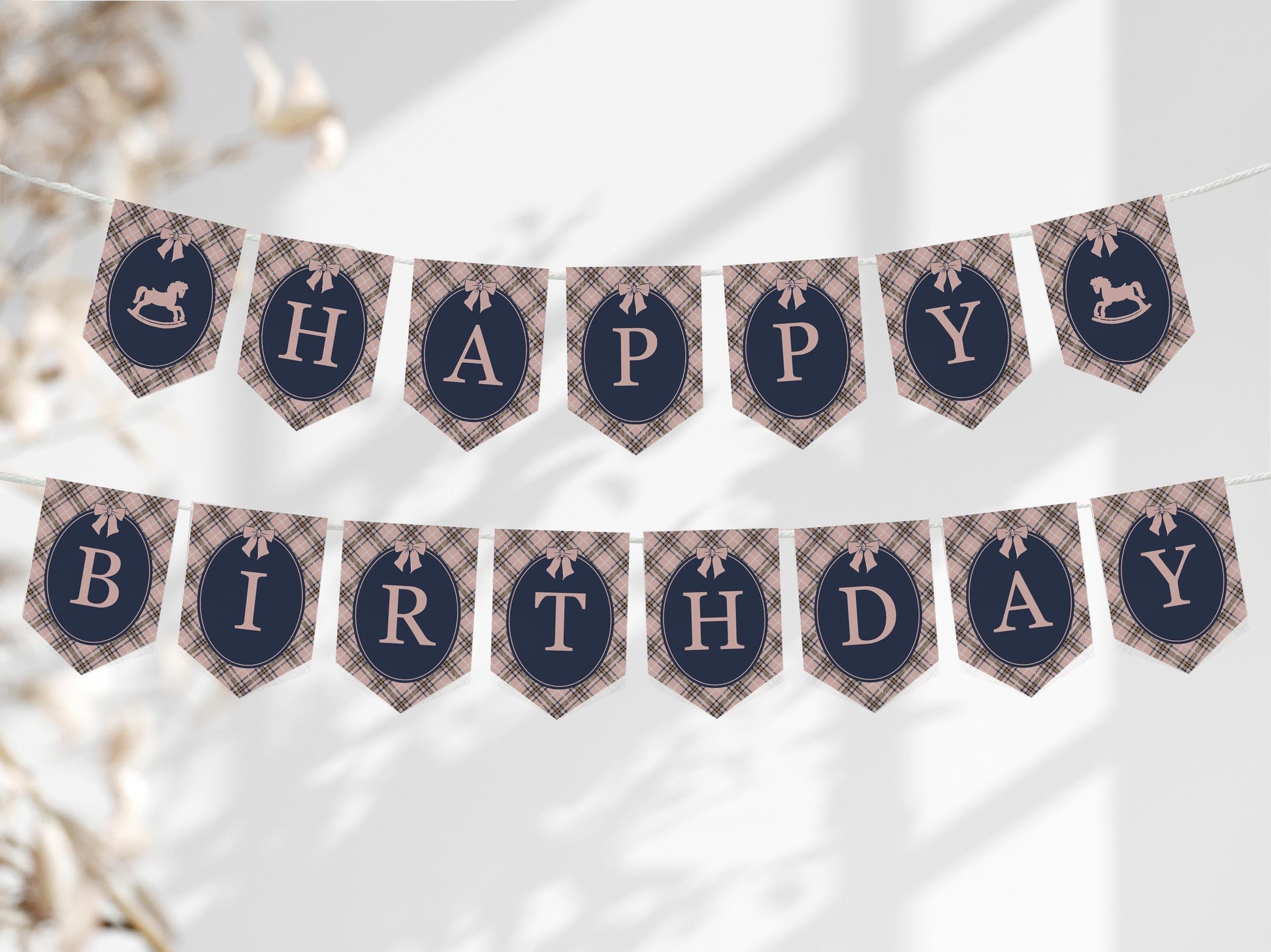Classic Rocking Horse 1st Birthday One Banner Template, Pink Tartan Plaid First Birthday Party, Old Money Timeless Bday Celebration WP1088