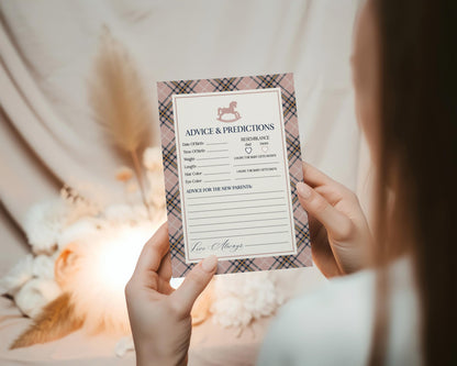 Classic Rocking Horse Advice for Baby Cards Template, Pink Tartan Plaid Baby Sprinkle, Old Money Style Brunch with Mom to Be WP1088