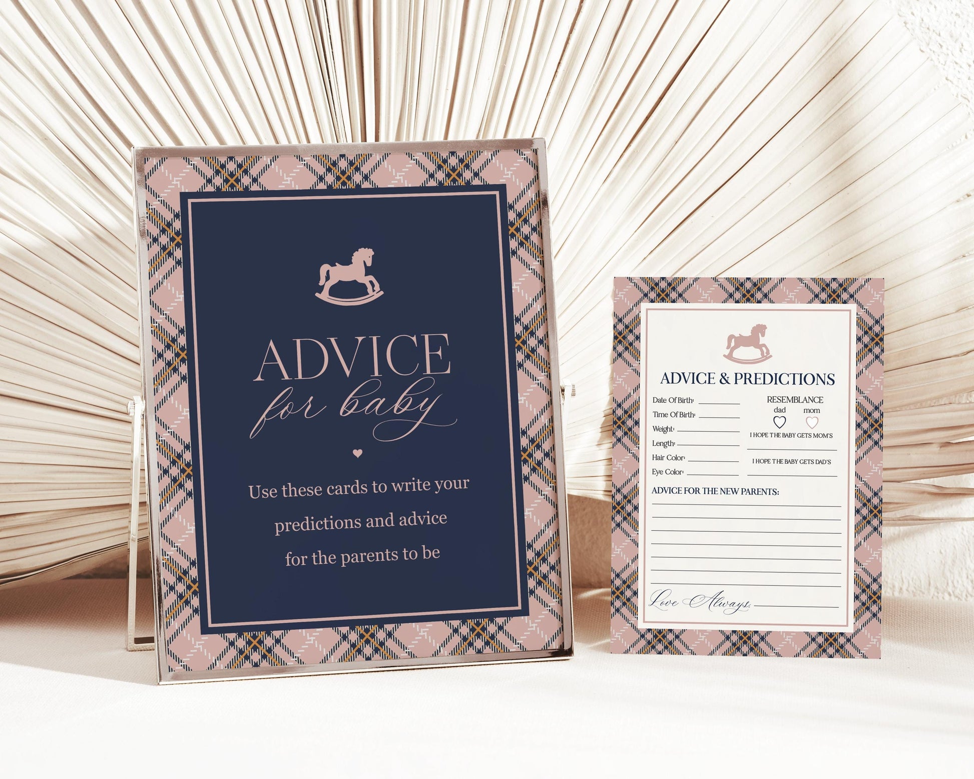Classic Rocking Horse Advice for Baby Cards Template, Pink Tartan Plaid Baby Sprinkle, Old Money Style Brunch with Mom to Be WP1088