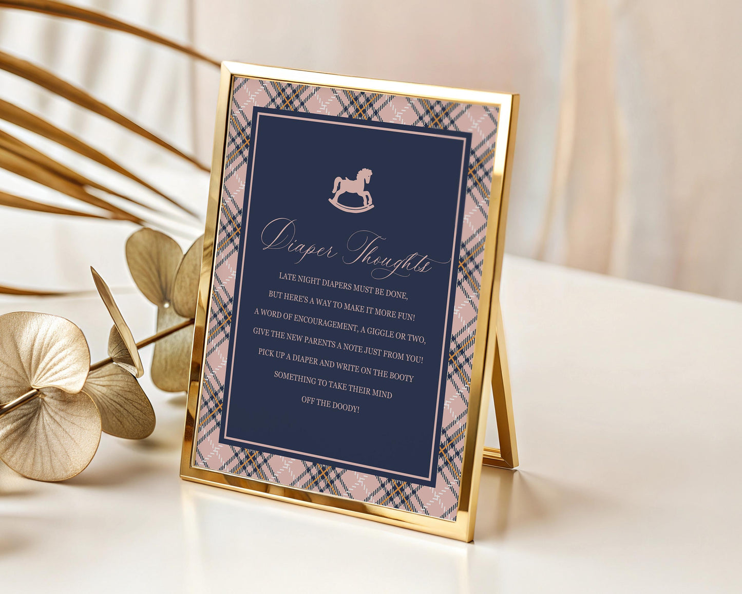 Classic Rocking Horse Baby Shower Diaper Thoughts Sign Template, Pink Tartan Plaid Baby Sprinkle, Old Money Style Brunch WP1088