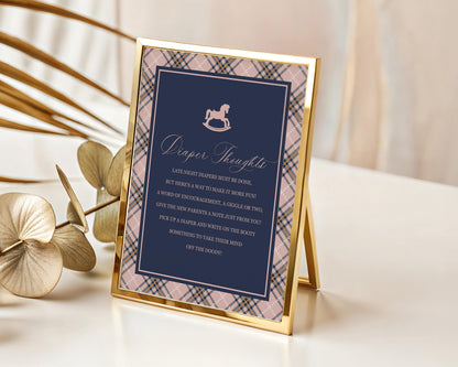 Classic Rocking Horse Baby Shower Diaper Thoughts Sign Template, Pink Tartan Plaid Baby Sprinkle, Old Money Style Brunch WP1088