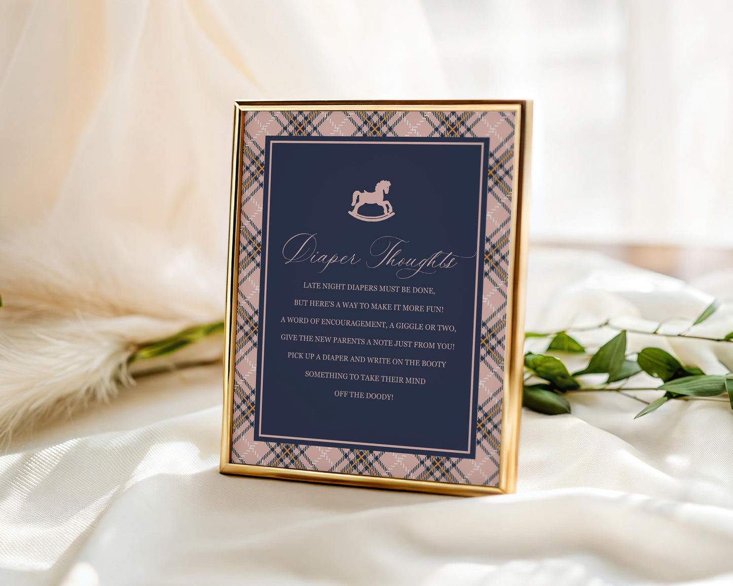 Classic Rocking Horse Baby Shower Diaper Thoughts Sign Template, Pink Tartan Plaid Baby Sprinkle, Old Money Style Brunch WP1088