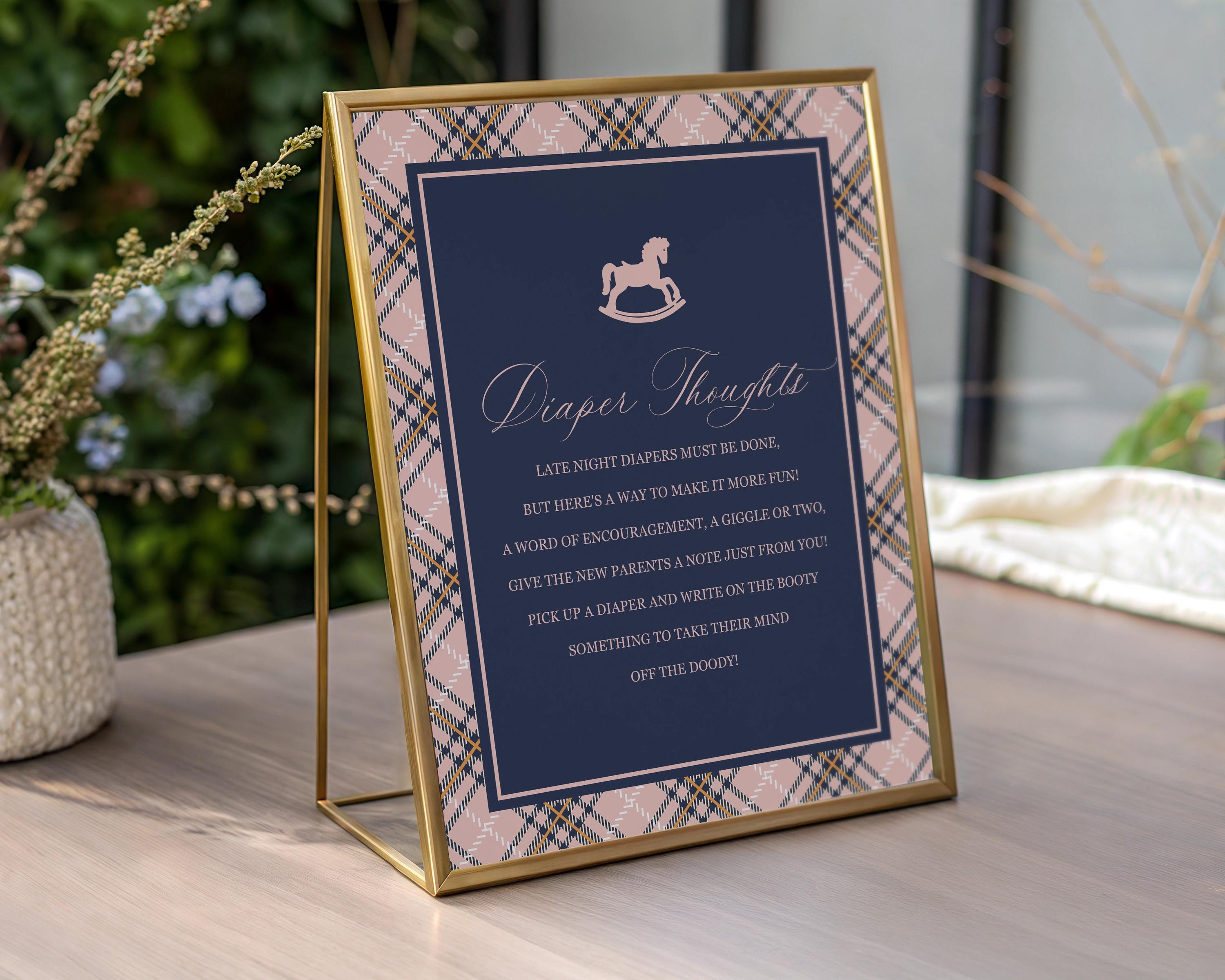Classic Rocking Horse Baby Shower Diaper Thoughts Sign Template, Pink Tartan Plaid Baby Sprinkle, Old Money Style Brunch WP1088