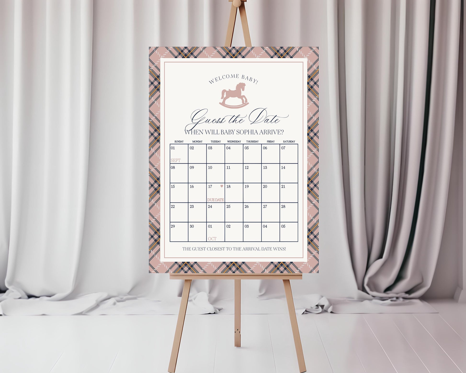 Classic Rocking Horse Baby Shower Guess the Date Game Template, Pink Tartan Plaid Baby Sprinkle, Old Money Style Brunch WP1088