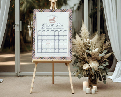 Classic Rocking Horse Baby Shower Guess the Date Game Template, Pink Tartan Plaid Baby Sprinkle, Old Money Style Brunch WP1088
