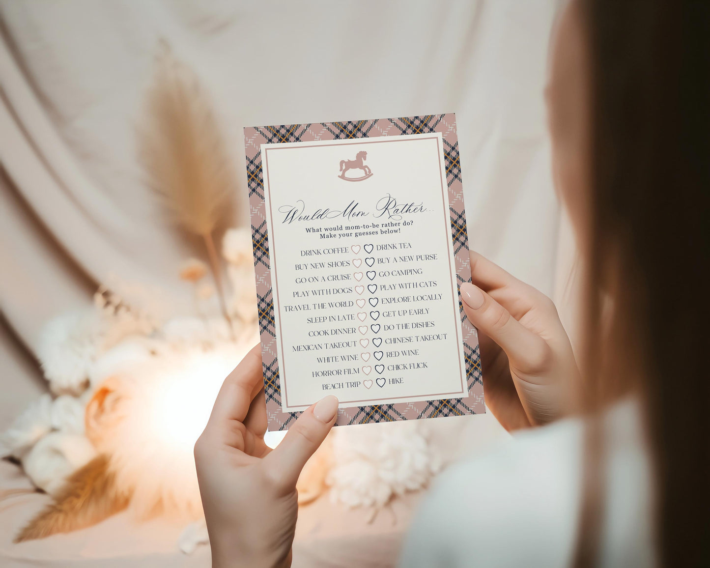 Classic Rocking Horse Baby Shower Games Template, Pink Tartan Plaid Baby Sprinkle, Old Money Style Brunch with Mom to Be WP1088