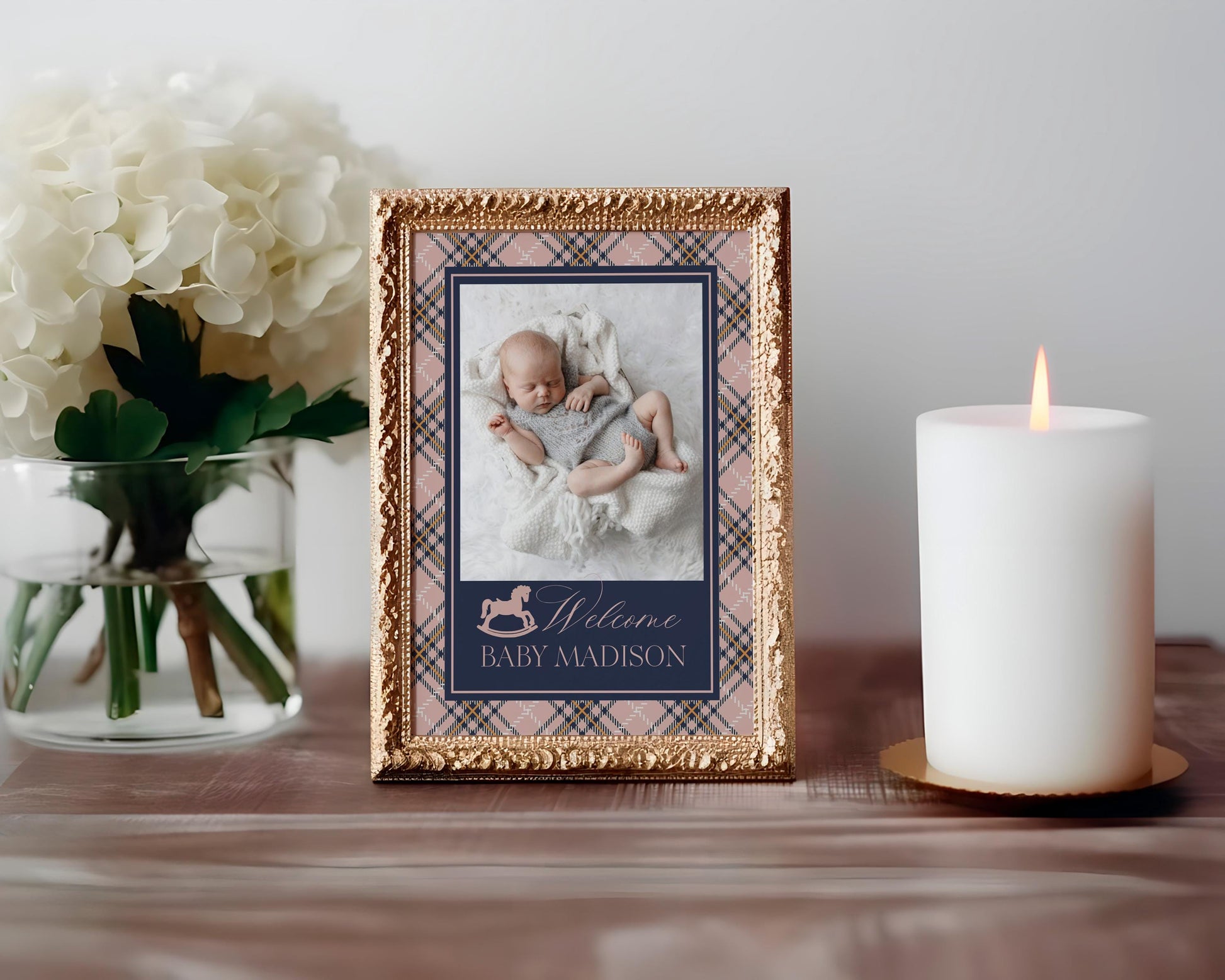 Classic Rocking Horse 1st Birthday Milestone Banner Template, Pink Tartan Plaid First Birthday Party, Old Money Timeless Bday Party WP1088