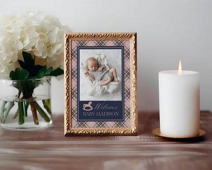 Classic Rocking Horse 1st Birthday Milestone Banner Template, Pink Tartan Plaid First Birthday Party, Old Money Timeless Bday Party WP1088