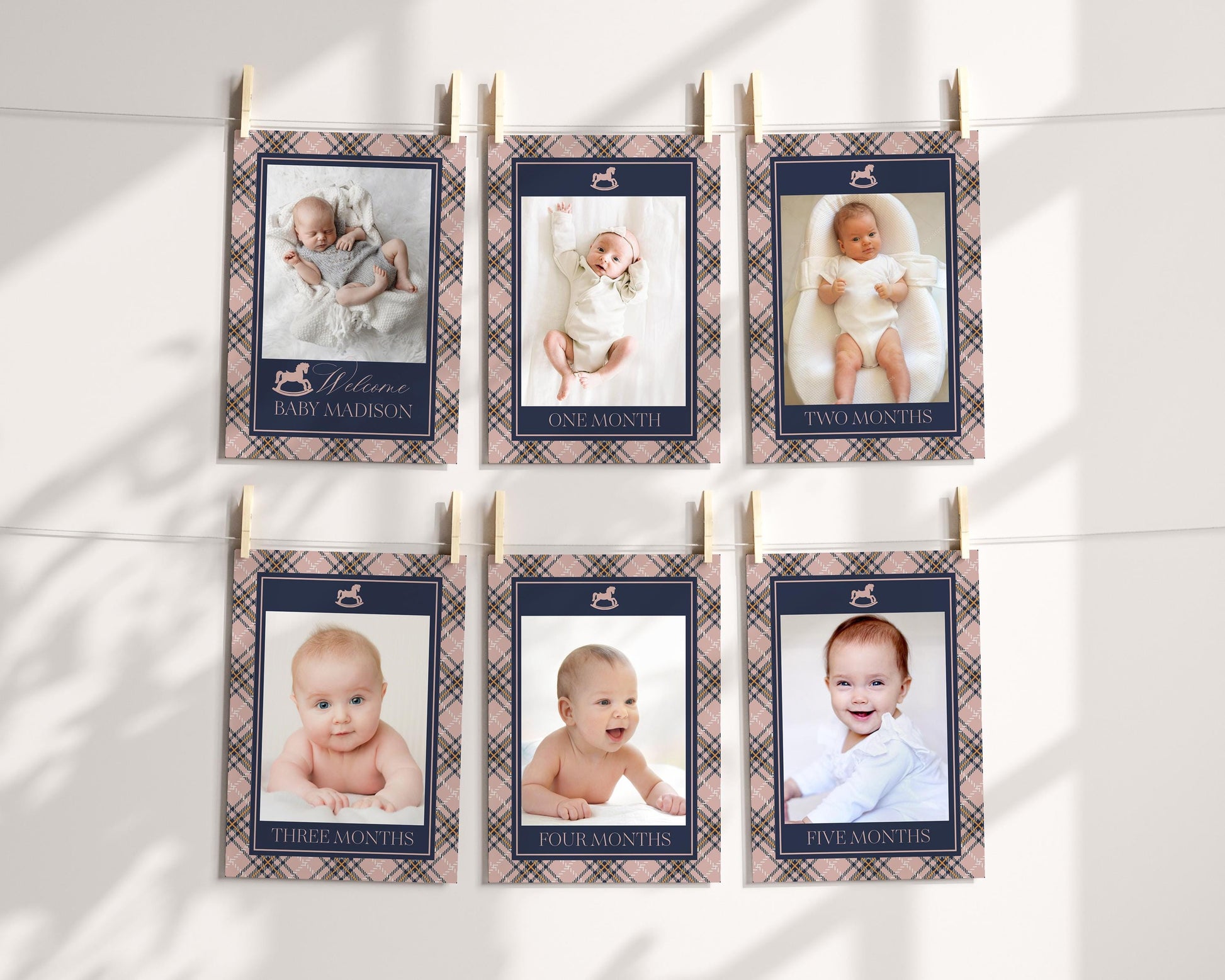 Classic Rocking Horse 1st Birthday Milestone Banner Template, Pink Tartan Plaid First Birthday Party, Old Money Timeless Bday Party WP1088