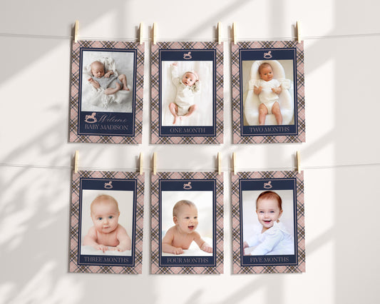 Classic Rocking Horse 1st Birthday Milestone Banner Template, Pink Tartan Plaid First Birthday Party, Old Money Timeless Bday Party WP1088