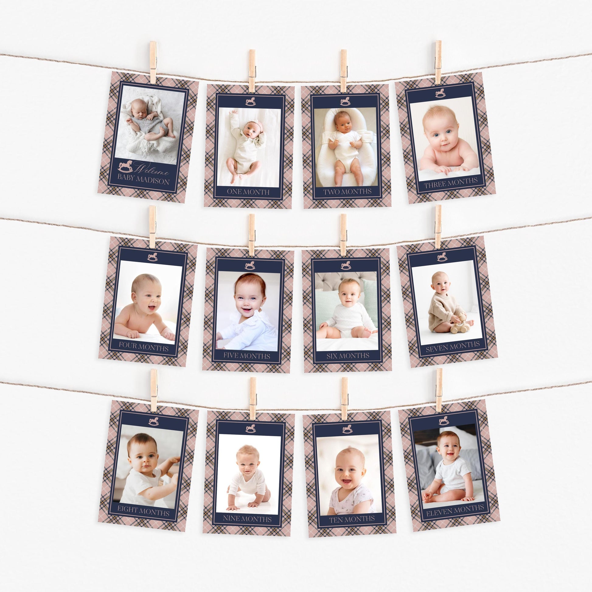 Classic Rocking Horse 1st Birthday Milestone Banner Template, Pink Tartan Plaid First Birthday Party, Old Money Timeless Bday Party WP1088