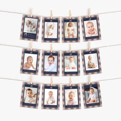 Classic Rocking Horse 1st Birthday Milestone Banner Template, Pink Tartan Plaid First Birthday Party, Old Money Timeless Bday Party WP1088