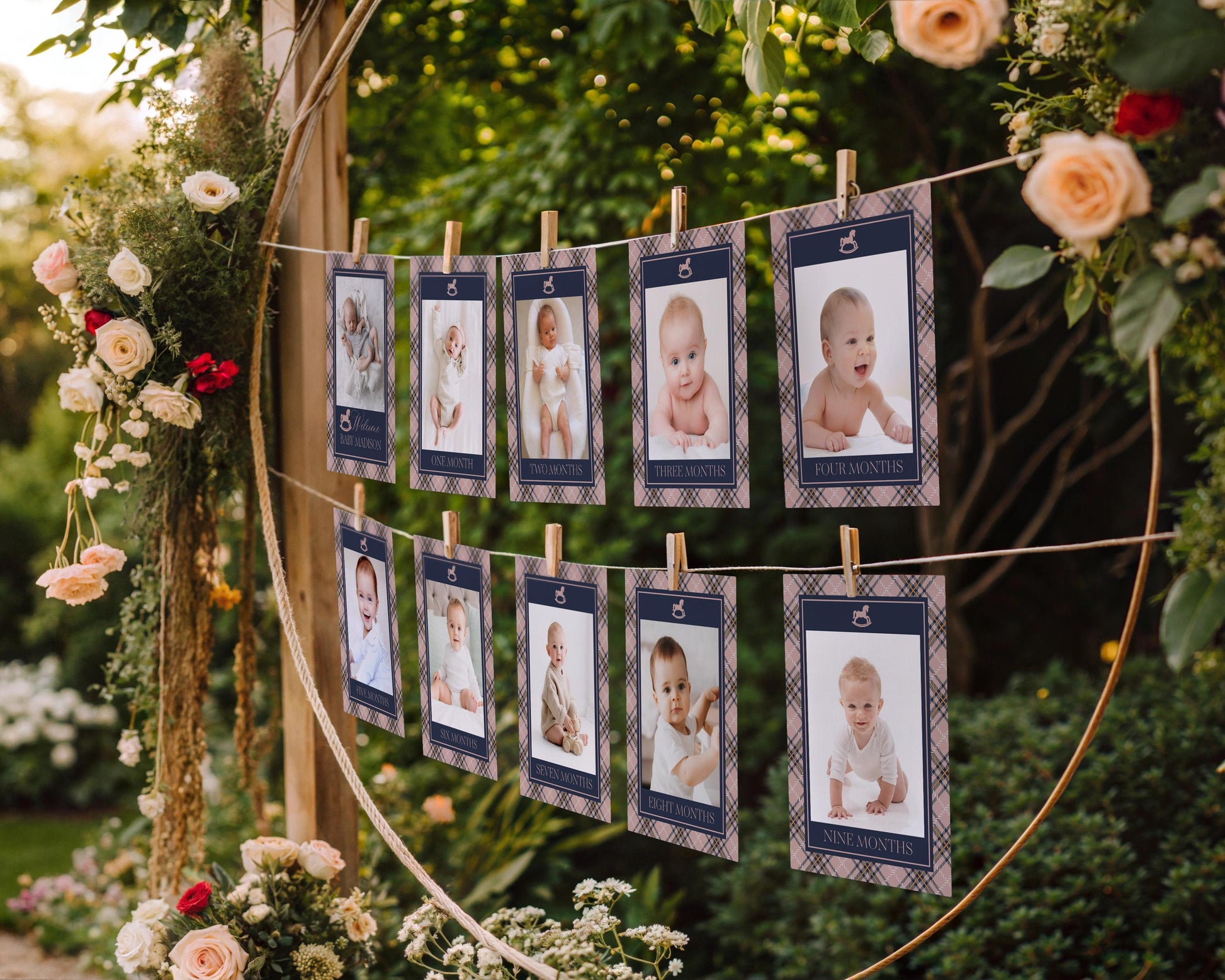 Classic Rocking Horse 1st Birthday Milestone Banner Template, Pink Tartan Plaid First Birthday Party, Old Money Timeless Bday Party WP1088