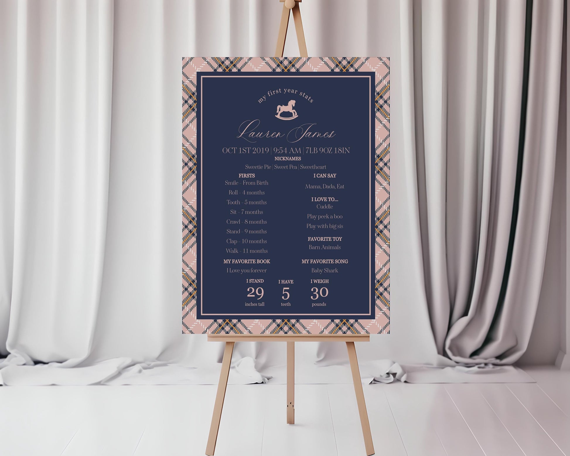 Classic Rocking Horse First Year Milestone Sign Printable Template, Pink Tartan Plaid First Birthday Party, Old Money Timeless Bday WP1088