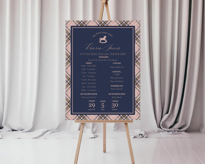 Classic Rocking Horse First Year Milestone Sign Printable Template, Pink Tartan Plaid First Birthday Party, Old Money Timeless Bday WP1088
