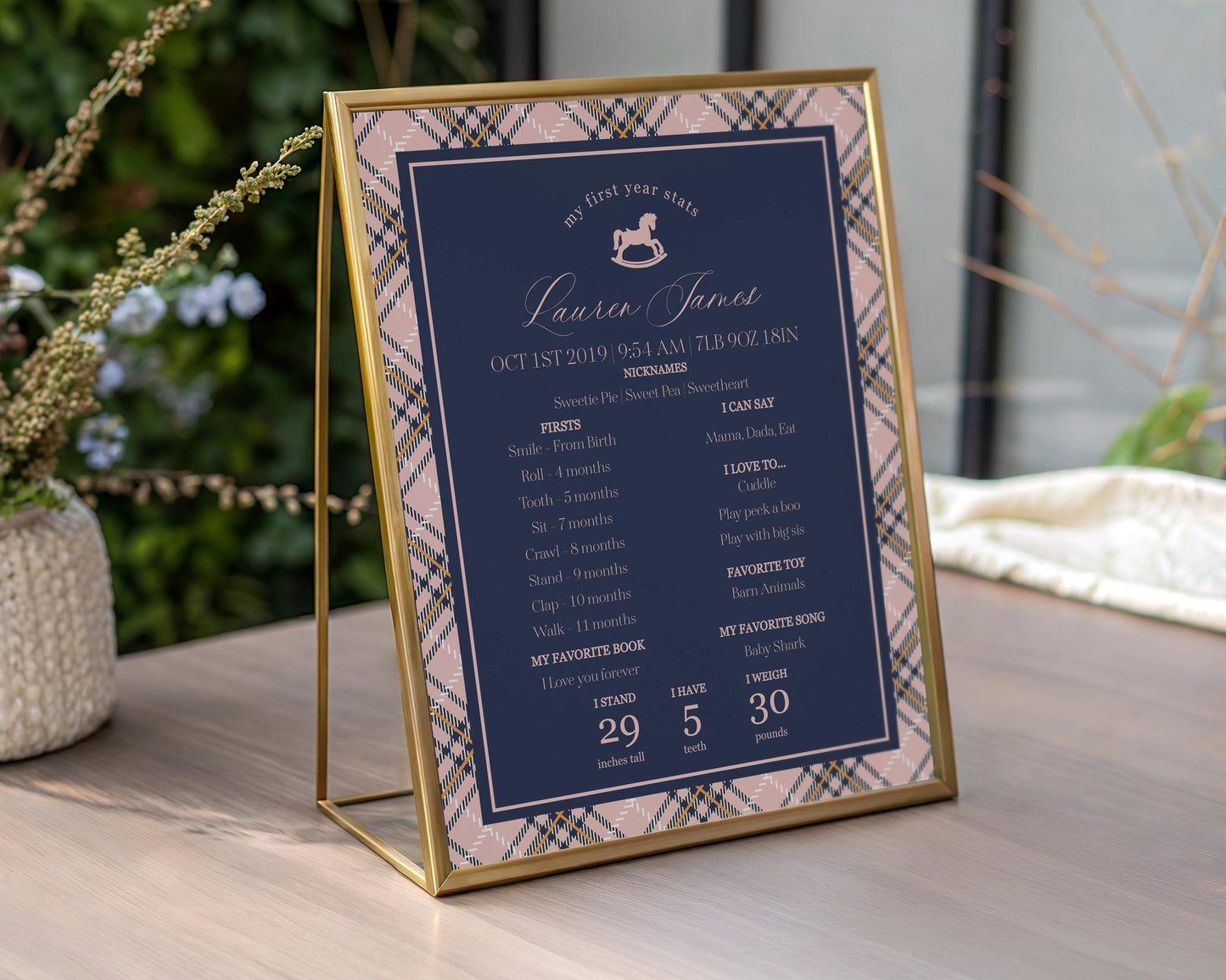 Classic Rocking Horse First Year Milestone Sign Printable Template, Pink Tartan Plaid First Birthday Party, Old Money Timeless Bday WP1088