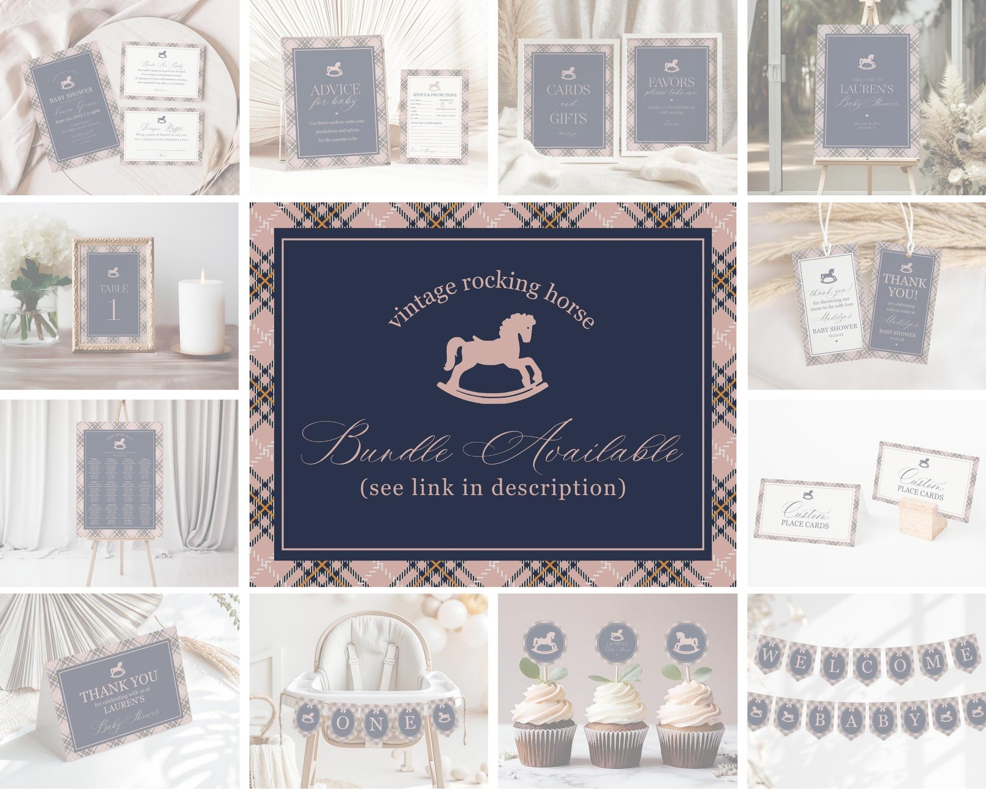 Classic Rocking Horse First Year Milestone Sign Printable Template, Pink Tartan Plaid First Birthday Party, Old Money Timeless Bday WP1088