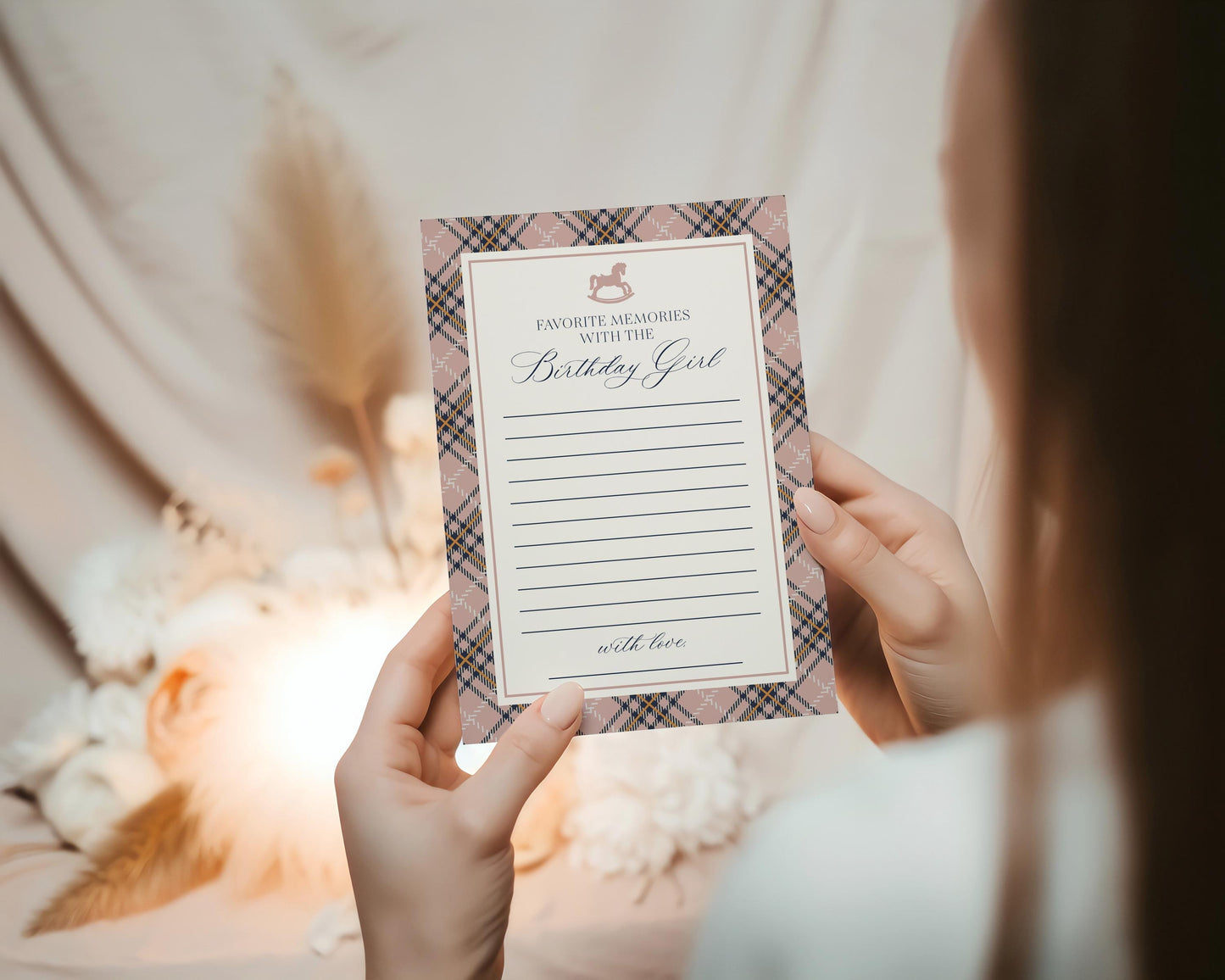 Classic Rocking Horse Favorite Memories Birthday Girl Template, Pink Tartan Plaid Kids Birthday Party, Old Money Style Bday Party WP1088