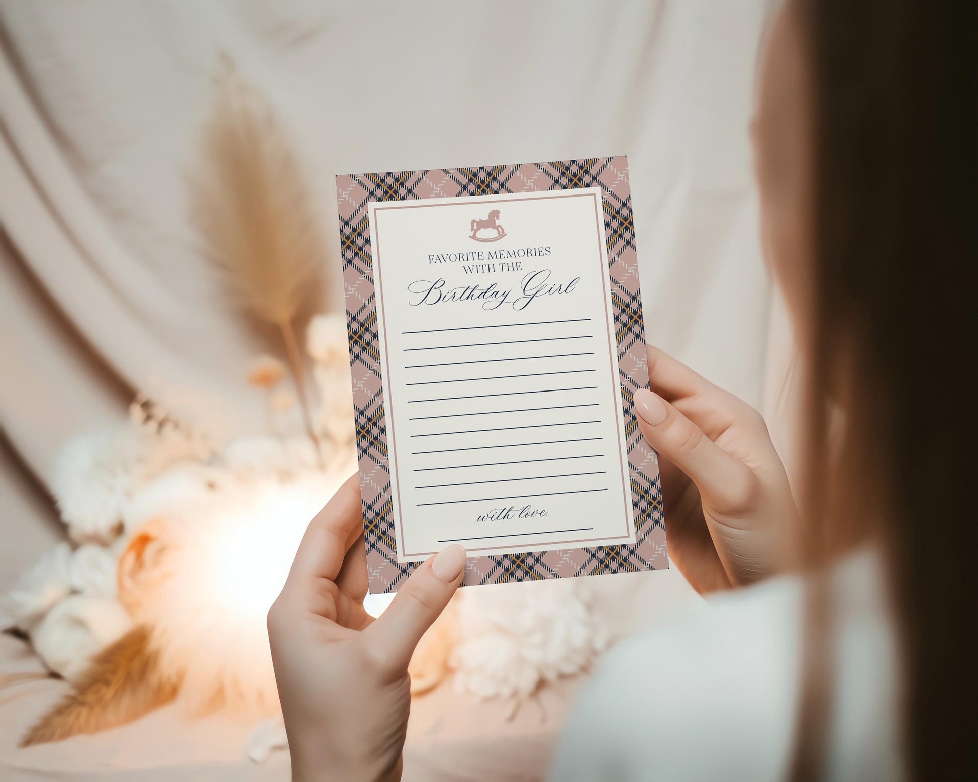 Classic Rocking Horse Favorite Memories Birthday Girl Template, Pink Tartan Plaid Kids Birthday Party, Old Money Style Bday Party WP1088