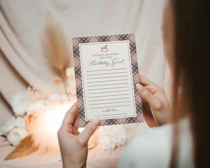 Classic Rocking Horse Favorite Memories Birthday Girl Template, Pink Tartan Plaid Kids Birthday Party, Old Money Style Bday Party WP1088