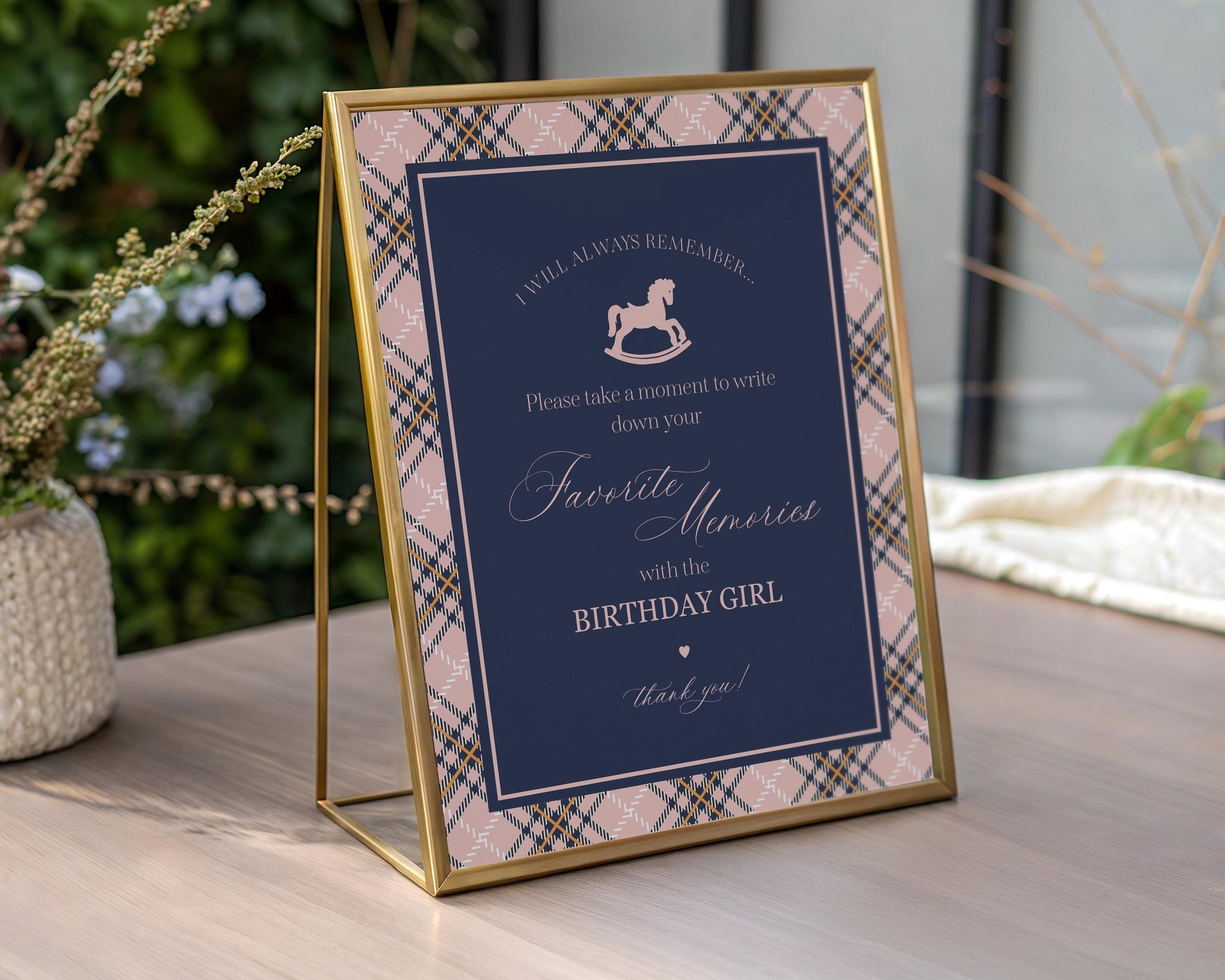 Classic Rocking Horse Favorite Memories Birthday Girl Template, Pink Tartan Plaid Kids Birthday Party, Old Money Style Bday Party WP1088