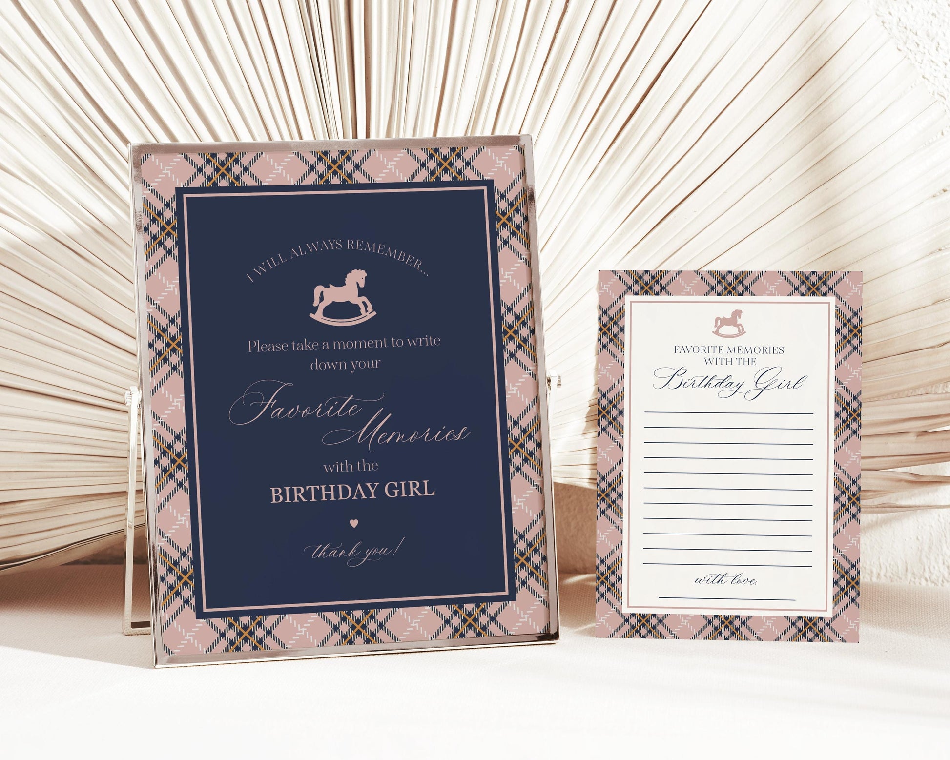 Classic Rocking Horse Favorite Memories Birthday Girl Template, Pink Tartan Plaid Kids Birthday Party, Old Money Style Bday Party WP1088