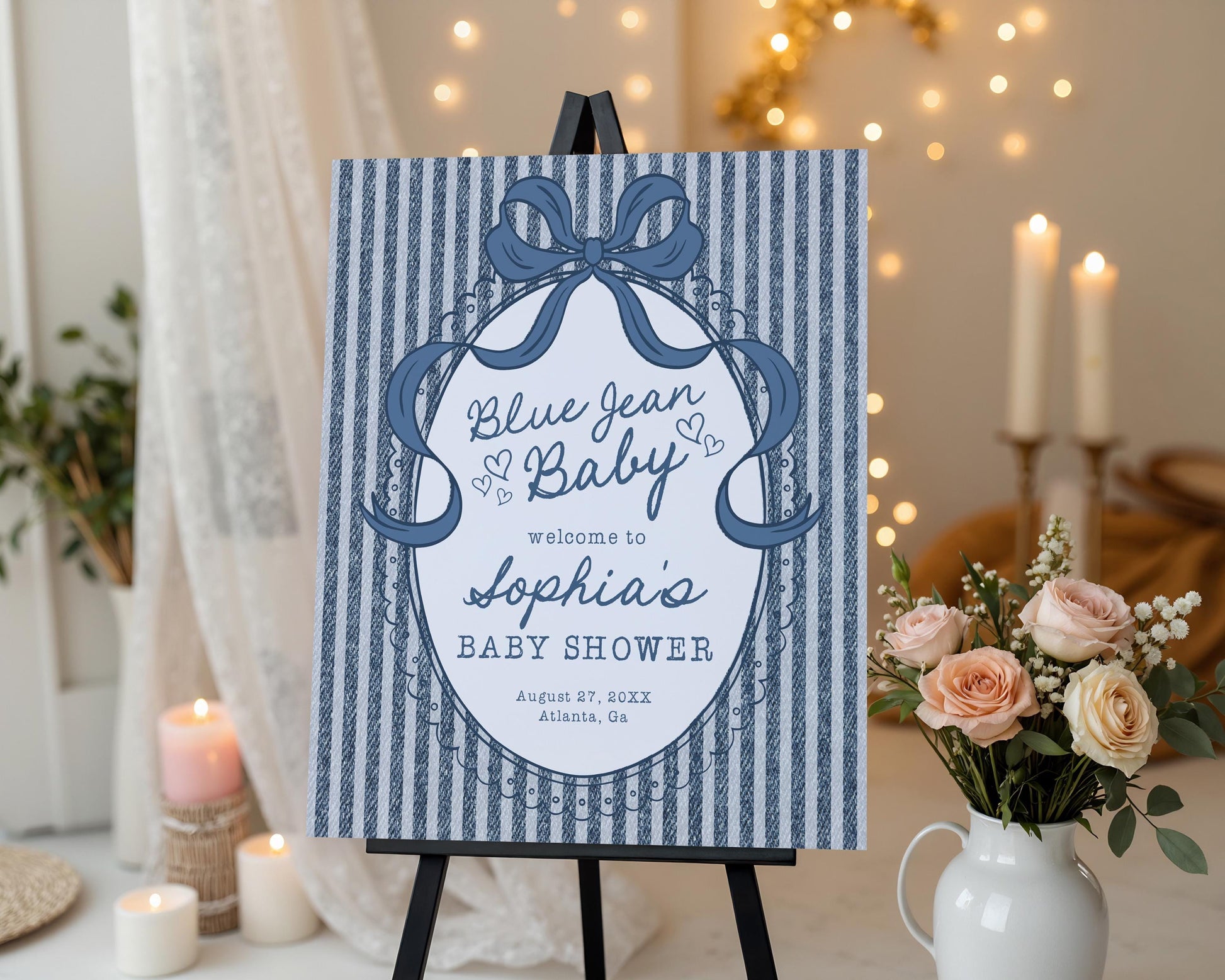 Blue Jean Baby Shower Welcome Sign Template, Denim Baby Sprinkle, Americana Brunch with Mom to Be WP1089