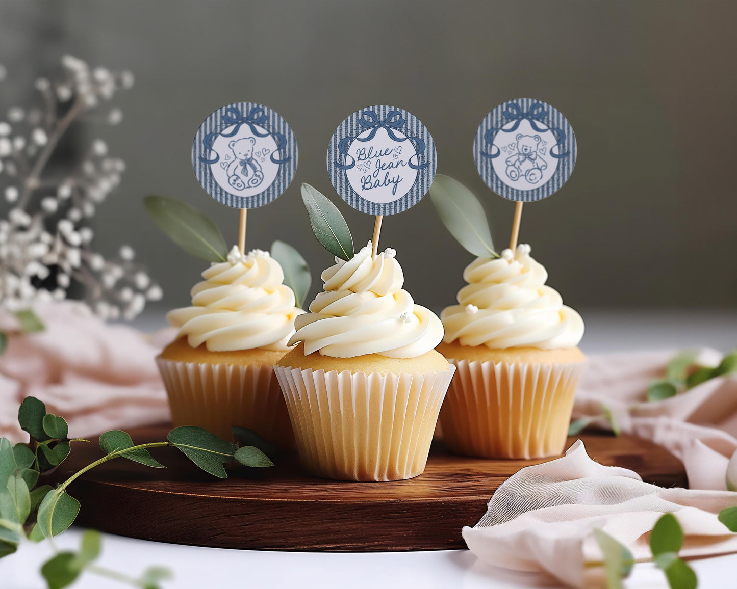 Blue Jean Baby Shower Cupcake Toppers Template, Denim Baby Sprinkle, Americana Brunch with Mom to Be WP1089
