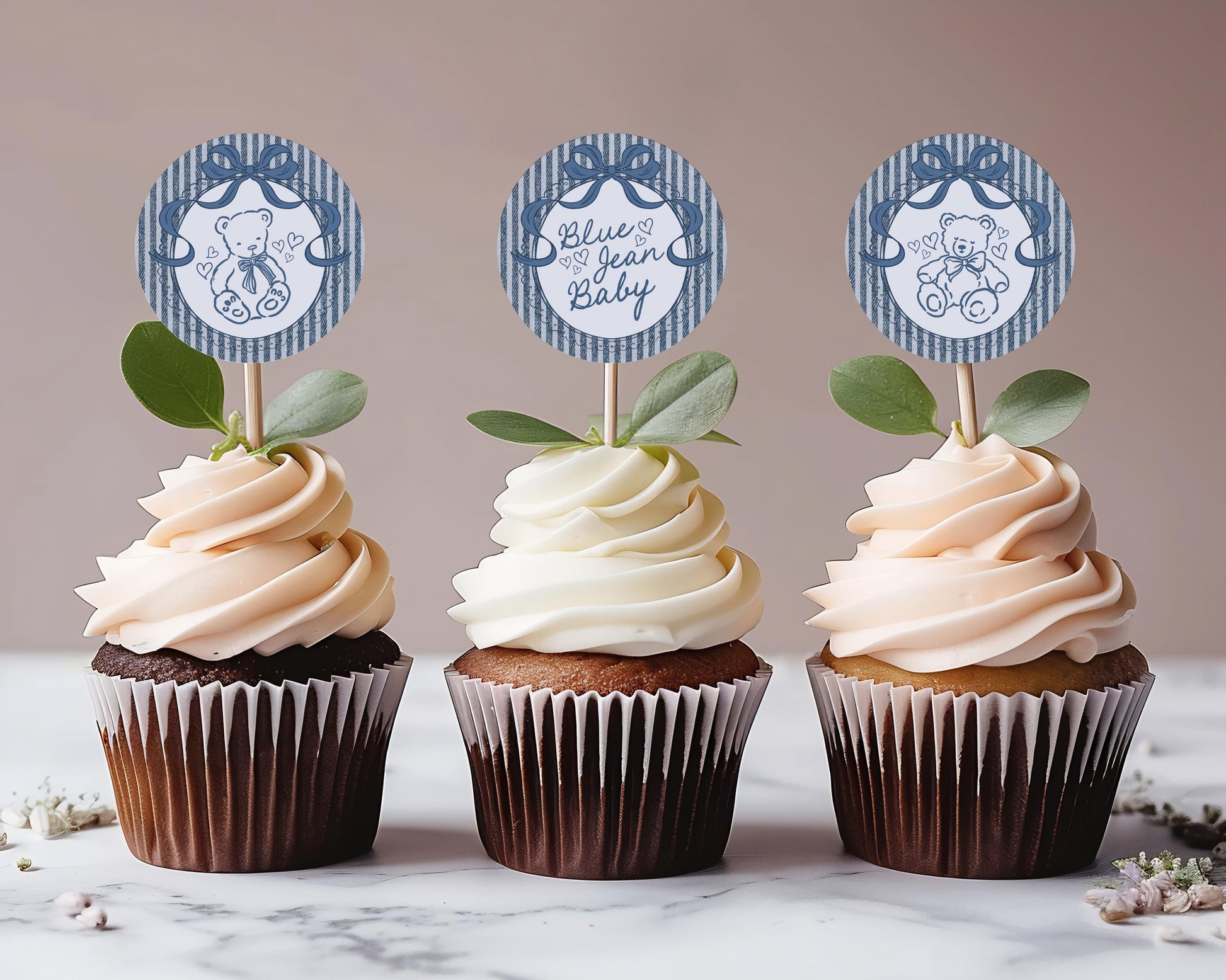 Blue Jean Baby Shower Cupcake Toppers Template, Denim Baby Sprinkle, Americana Brunch with Mom to Be WP1089