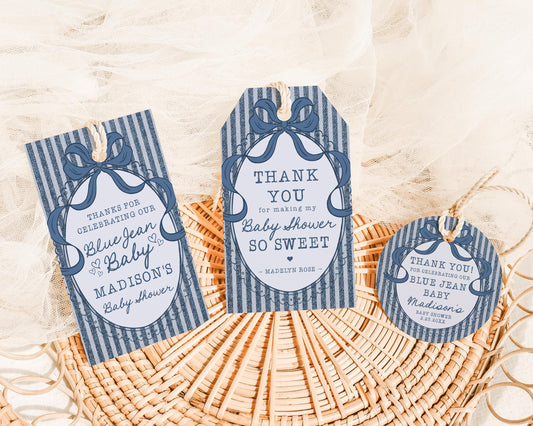 Blue Jean Baby Shower Favor Tags Template, Denim Baby Sprinkle, Americana Brunch with Mom to Be WP1089