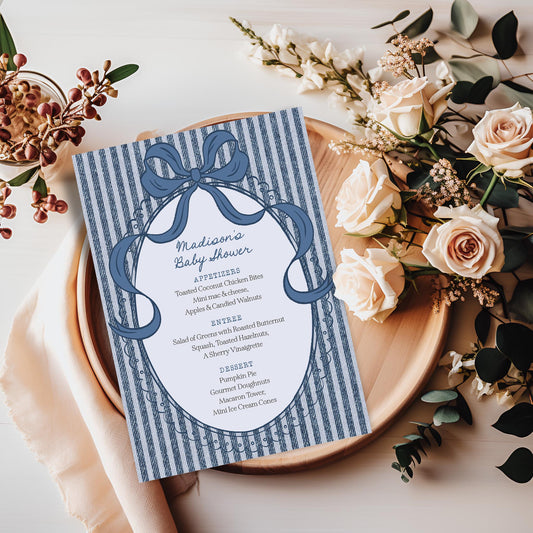 Blue Jean Baby Shower Menu Printable Template, Denim Baby Sprinkle, Americana Brunch with Mom to Be WP1089