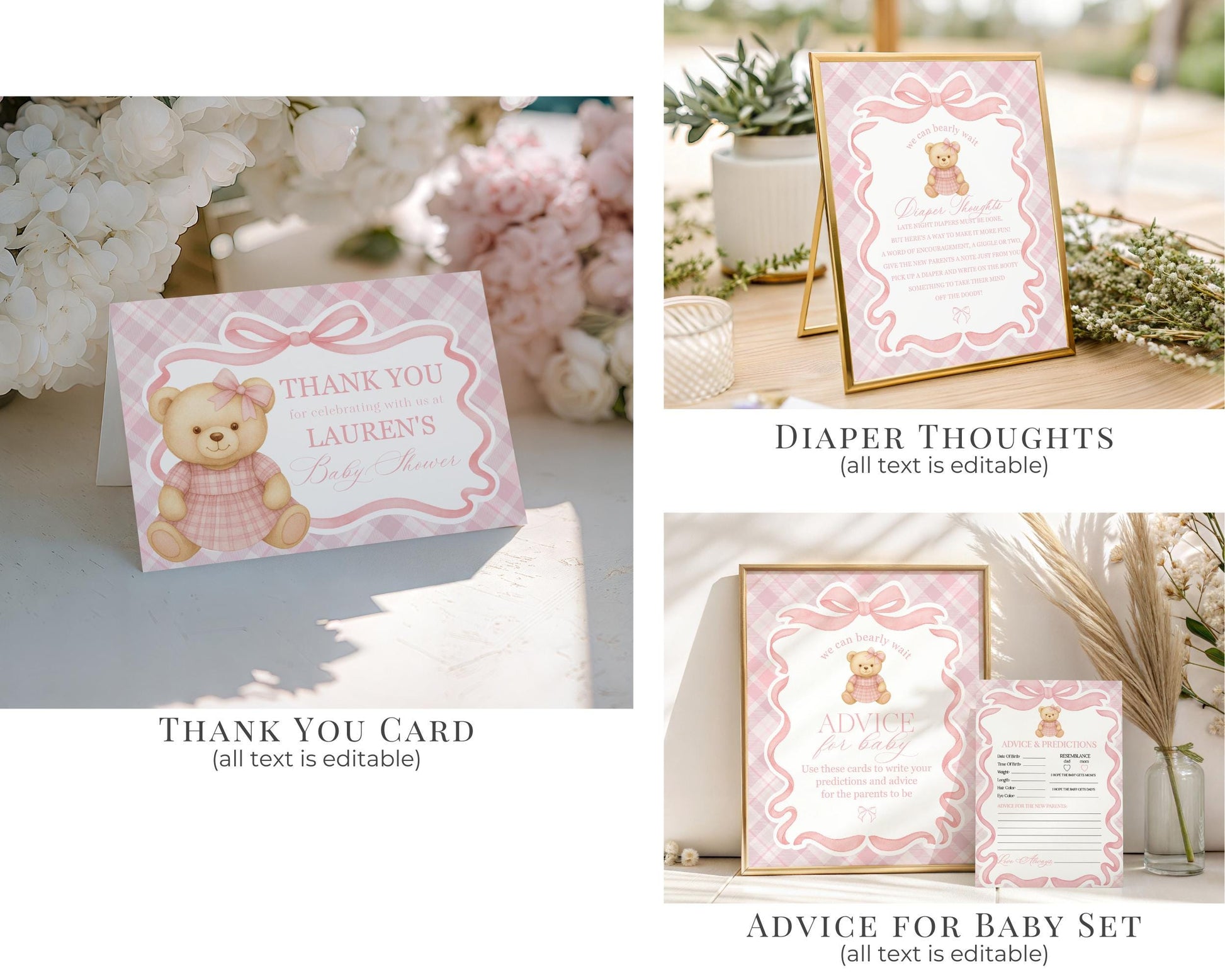Pink Tartan Plaid Bear Girl Baby Shower Bundle Template, We Can Bearly Wait Old Money Baby Sprinkle, Coquette Bow Nesting Party WP1090