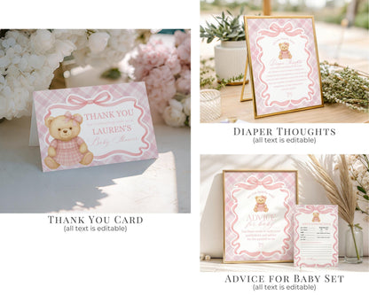 Pink Tartan Plaid Bear Girl Baby Shower Bundle Template, We Can Bearly Wait Old Money Baby Sprinkle, Coquette Bow Nesting Party WP1090