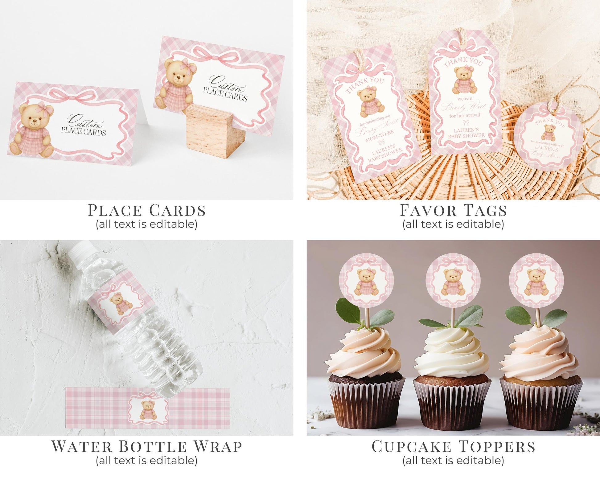 Pink Tartan Plaid Bear Girl Baby Shower Bundle Template, We Can Bearly Wait Old Money Baby Sprinkle, Coquette Bow Nesting Party WP1090