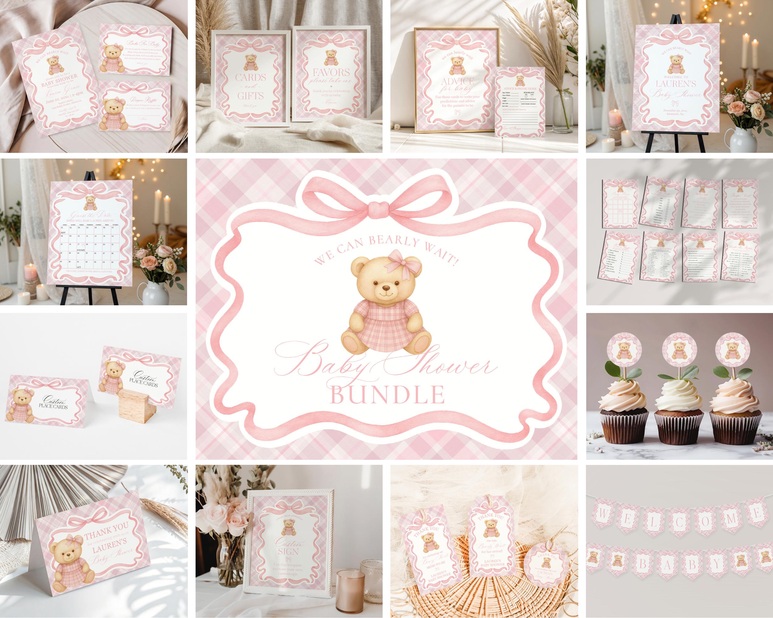 Pink Tartan Plaid Bear Girl Baby Shower Bundle Template, We Can Bearly Wait Old Money Baby Sprinkle, Coquette Bow Nesting Party WP1090