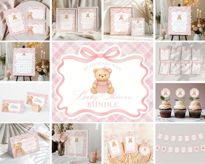 Pink Tartan Plaid Bear Girl Baby Shower Bundle Template, We Can Bearly Wait Old Money Baby Sprinkle, Coquette Bow Nesting Party WP1090